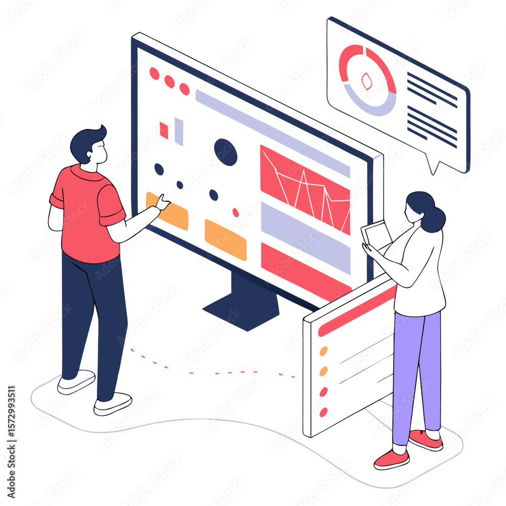 Poster two people collaborating on a digital dashboard with charts and graphs on a large monitor and a tabl