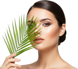 Woman with elegant makeup holding a green palm frond partially obscuring her face