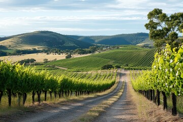 Scenic vineyard landscape in South Australian countryside showcasing lush grape rows and rolling hills, Winery valley in South Australia Countryside landscape