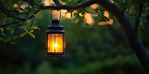 A lantern hanging from a tree branch casting warm light