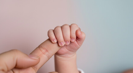 Obraz premium Baby holding adult finger close up