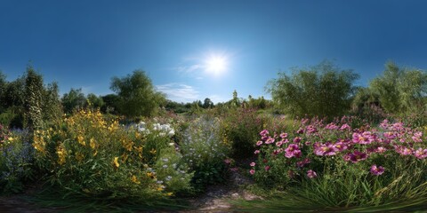 Vibrant flower field hdr 360 degrees in nature stunning hdri view