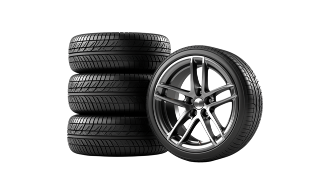 Stack of new car tires with alloy wheels isolated on transparent background