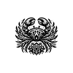 Fototapeta premium Intricate black and white illustration featuring a crab surrounded by floral elements.