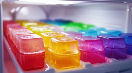 Frozen rainbow ice cubes in clear plastic tray inside fridge, bright and refreshing look