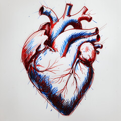 hand drawing human heart/ Human Heart line art on copy space white background concept of biology, healthcare , medical