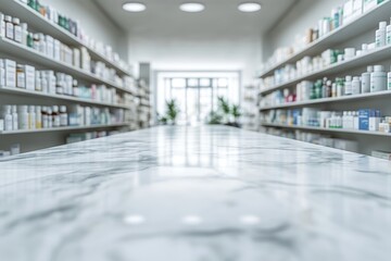 Modern drugstore interior with marble countertop and defocused medicine products on shelves