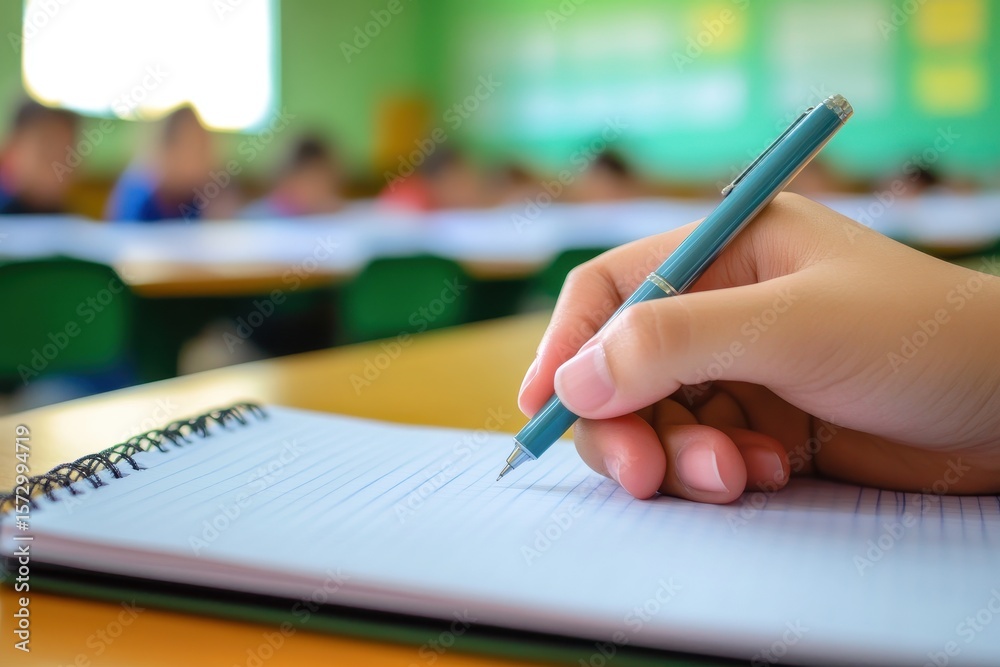 Poster student focuses on taking notes with pen in classroom setting during a learning session, student han