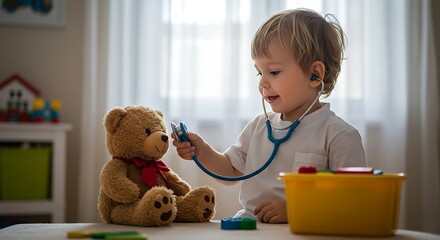 Toddler Playing Doctor with Teddy Bear Adorable Childhood Moments