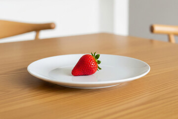 A single, vibrant strawberry, perfectly ripe and glistening, presented on a pristine white plate.