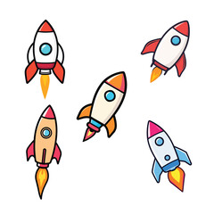 Vector art of a collection of cartoon rocket ships ready for space exploration