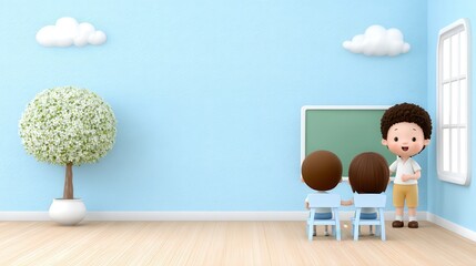 Creative problem solving: Cartoon classroom scene with children facing a blackboard, inspiring imagination and collaborative learning for young minds