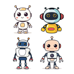 Vector art of a collection of four adorable cartoon robots standing on a white background