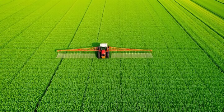 Aerial view of tractor spraying pesticide on a vast green field, aerial, plant protection - Powered by Adobe