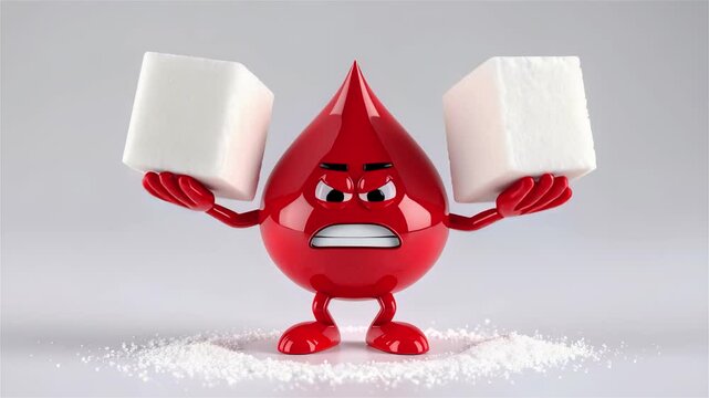 A cartoon blood drop is holding sugar cubes and is sad and angry.high blood sugar.Hyperglycemia.Concept of diabetes,blood sugar levels,health risks of sugar,glucose monitoring.