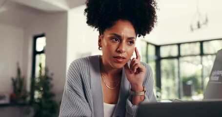 Thinking, woman and employee with laptop, home office and stress for financial analysis or planning. Reflection, accountant and African person with tech for problem solving or anxiety for remote work - Powered by Adobe