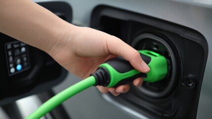 Hand plugging in green cable into smart charging port