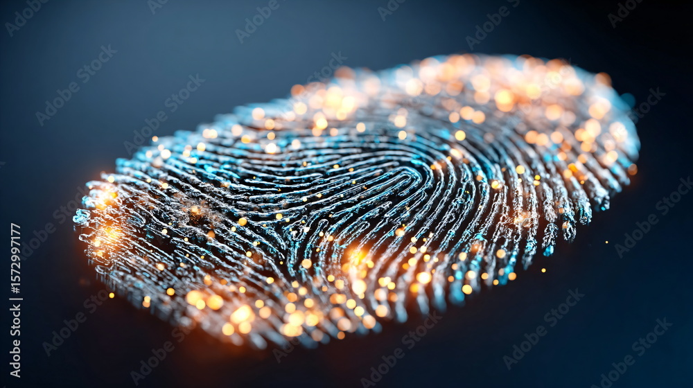 Poster abstract digital fingerprint glowing with data points. biometric security scan concept for identity 