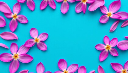 Fototapeta premium Delicate pink flower petals arranged in a symmetrical pattern against a vibrant blue background, pretty, craft