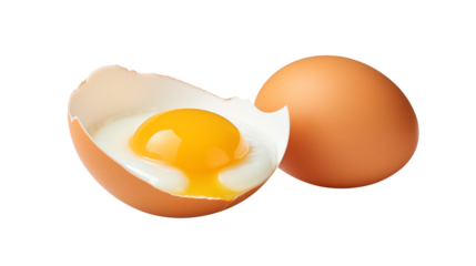 Fresh broken egg with yolk and shell, a nutritious food ingredient on transparent background.