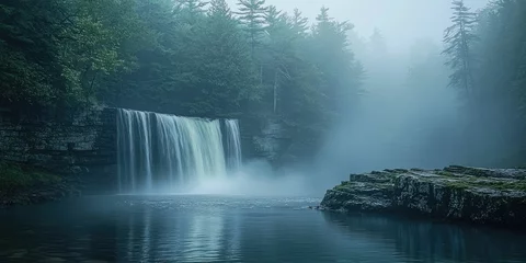 Acrylglasbilder Nebliger Morgen A misty waterfall shrouded in early morning fog  © Chanrothana Pech