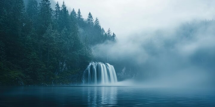 A misty waterfall shrouded in early morning fog - Powered by Adobe