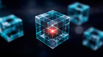 Digital data cube grid with a glowing red core. Abstract visualization of distributed ledger and blockchain technology. Global network.