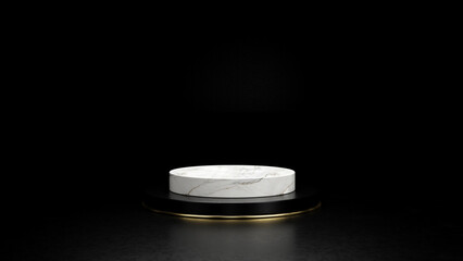 8k High resolution. Marble and gold Pedestal of Platform display with luxury elegant stand podium on black background. Blank Exhibition stage backdrop or empty product shelf. 3D rendering.