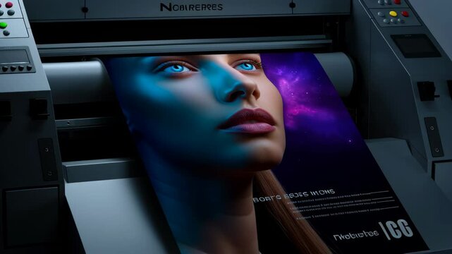 Blue eye woman face printed large format printer with cosmic galaxy background, futuristic surreal beauty, space skin lips makeup