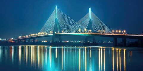 Obraz premium A modern cable-stayed bridge illuminated at night