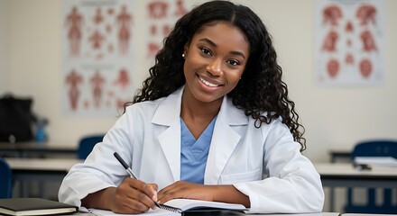 Confident Medical Student Taking Notes in Classroom