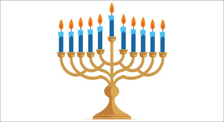 Obraz premium Golden menorah with blue candles and orange flames vector