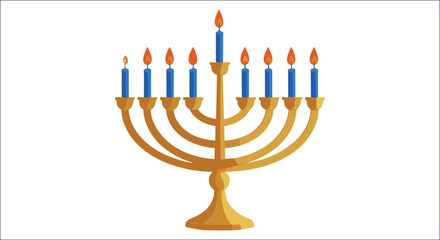 Golden menorah with blue candles burning jewish holiday