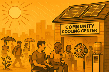 Illustration of community cooling center helping people escape extreme heatwave – climate change and public health concept.