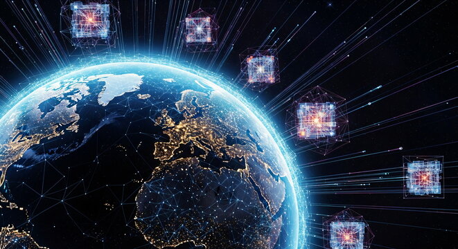 Planet earth with glowing network lines and abstract data cube structures in space, global communication blockchain technology.