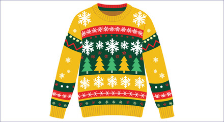 Yellow christmas sweater with snowflakes and trees green
