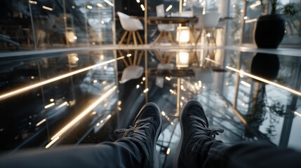 Obraz premium Businessman relaxing, feet propped up on polished floor, resting in sleek corporate workspace after completing workday tasks,Businessman relaxing
