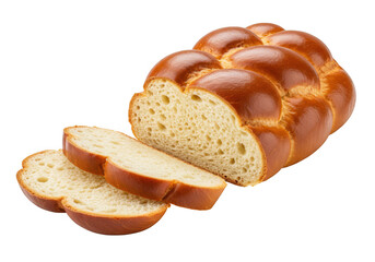 Golden brown braided challah bread sliced and isolated on transparent background
