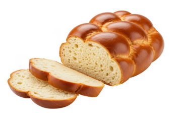Golden brown braided challah bread sliced and isolated on transparent background