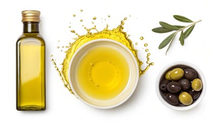 Fresh Olive Oil Splash: Bottle, Bowl, Olives, and Branch; Vibrant, Healthy, Mediterranean Style.