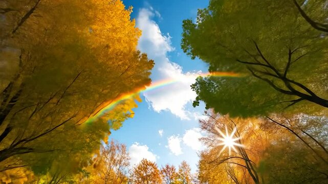 Vibrant autumn forest canopy with rainbow and sunburst sky bright colorful seasonal nature view