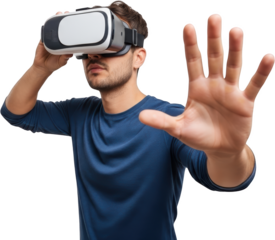 Man wearing virtual reality headset reaching forward with outstretched hand