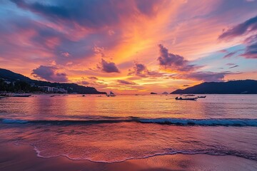 Stunning sunset over Patong Beach in Phuket with boats and vibrant sky colors, Patong beach Phuket travel destination and tourist resort Sunset view