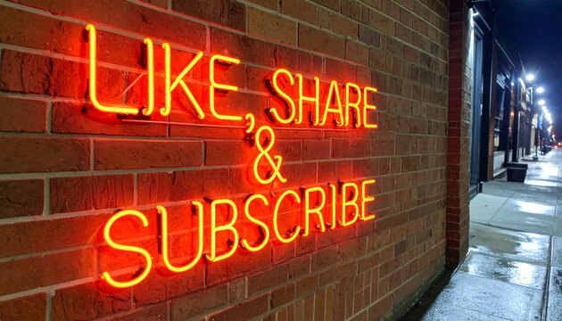 Neon Sign Like, Share & Subscribe - Night Brick Wall Photography