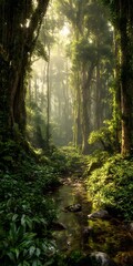 Obraz premium Lush greenery surrounds a gentle stream flowing through a sundrenched forest landscape