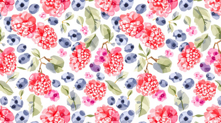 Watercolor Hand drawn seamless pattern with blackberry and raspberry