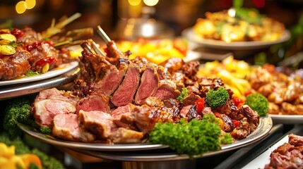 Obraz premium Deliciously grilled lamb and other meats displayed on a buffet