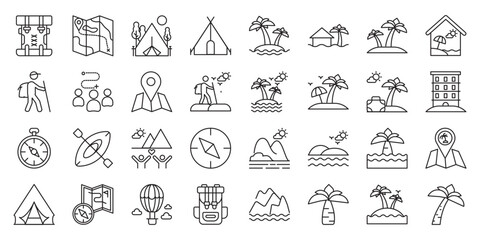 Island Adventure Travel Experiences set of web icons in line style. island adventure, adventure travel, tropical island and island exploration. Vector illustration