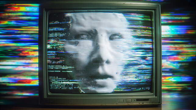 A distorted human face with digital glitches and code displayed on a vintage CRT monitor, symbolizing artificial intelligence, data corruption, privacy issues, and technological disruption - Powered by Adobe