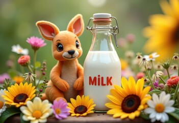 charming milk bottle adorable kangaroo plush toy surrounded vibrant colorful flowers, bloom, petal, arrangement, spring, decoration, flora, stilllife, soft, glass